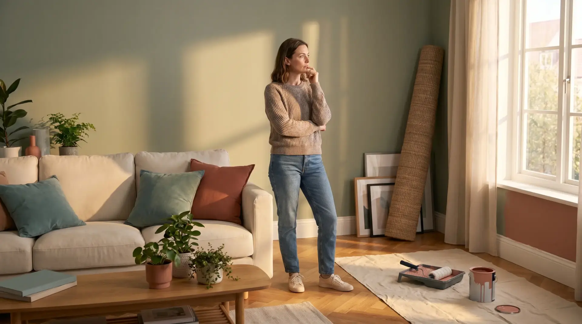 Person contemplating in a living room with paint cans and canvas near window