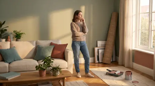 Person contemplating in a living room with paint cans and canvas near window
