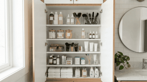 the inside of a bathroom cabinet with neatly arranged toiletries, brushes, and skincare products in clear bins.