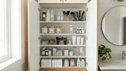 the inside of a bathroom cabinet with neatly arranged toiletries, brushes, and skincare products in clear bins.