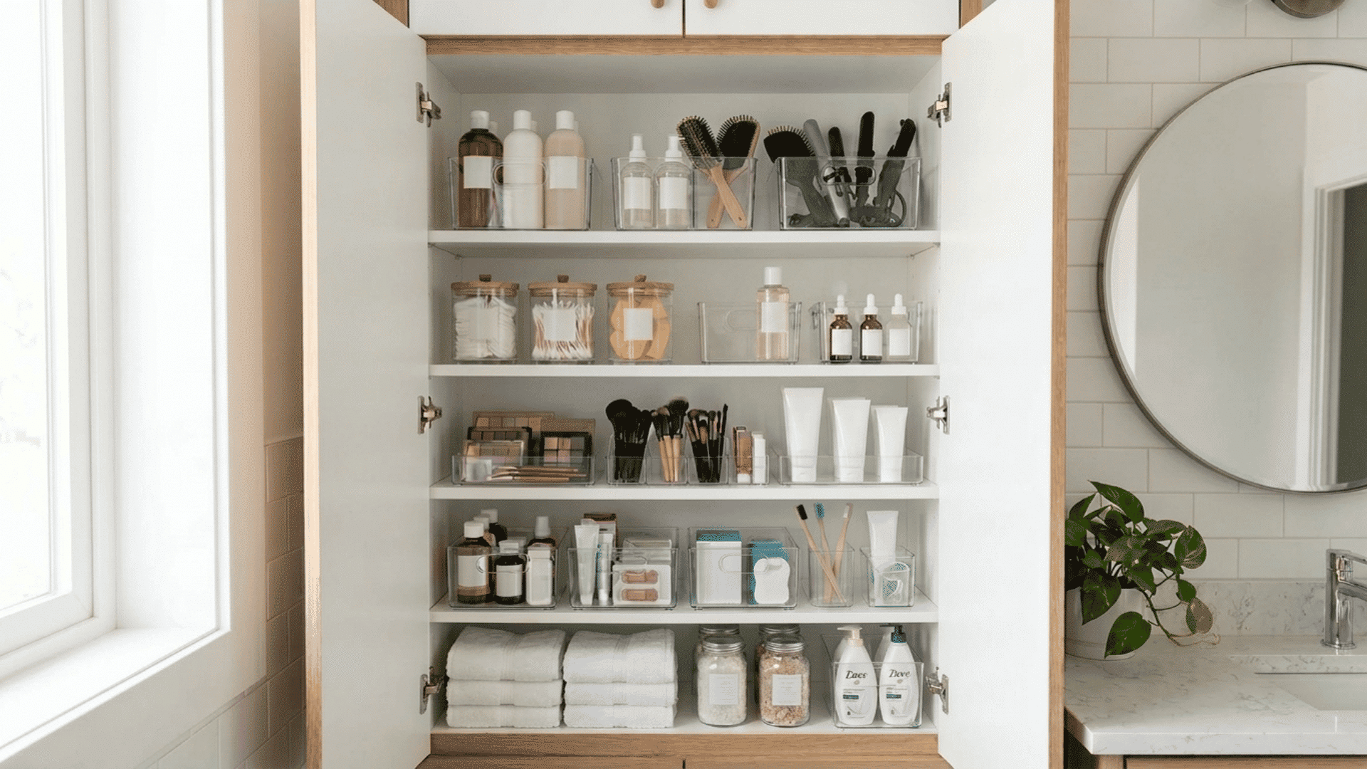 the inside of a bathroom cabinet with neatly arranged toiletries, brushes, and skincare products in clear bins.
