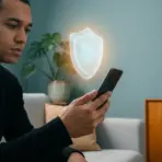 Man using smartphone with holographic shield icon in modern living room