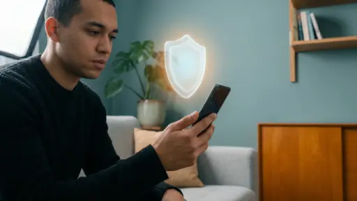 Man using smartphone with holographic shield icon in modern living room