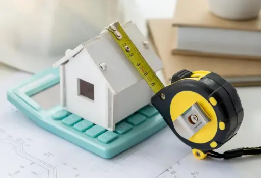 Miniature house model on calculator with measuring tape in workspace setting