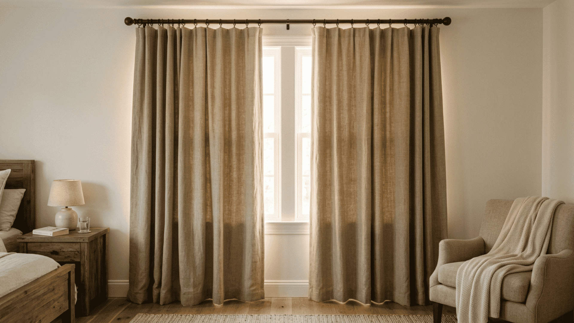 thick linen blackout curtains in warm beige hanging straight from a sturdy rod on a bedroom window