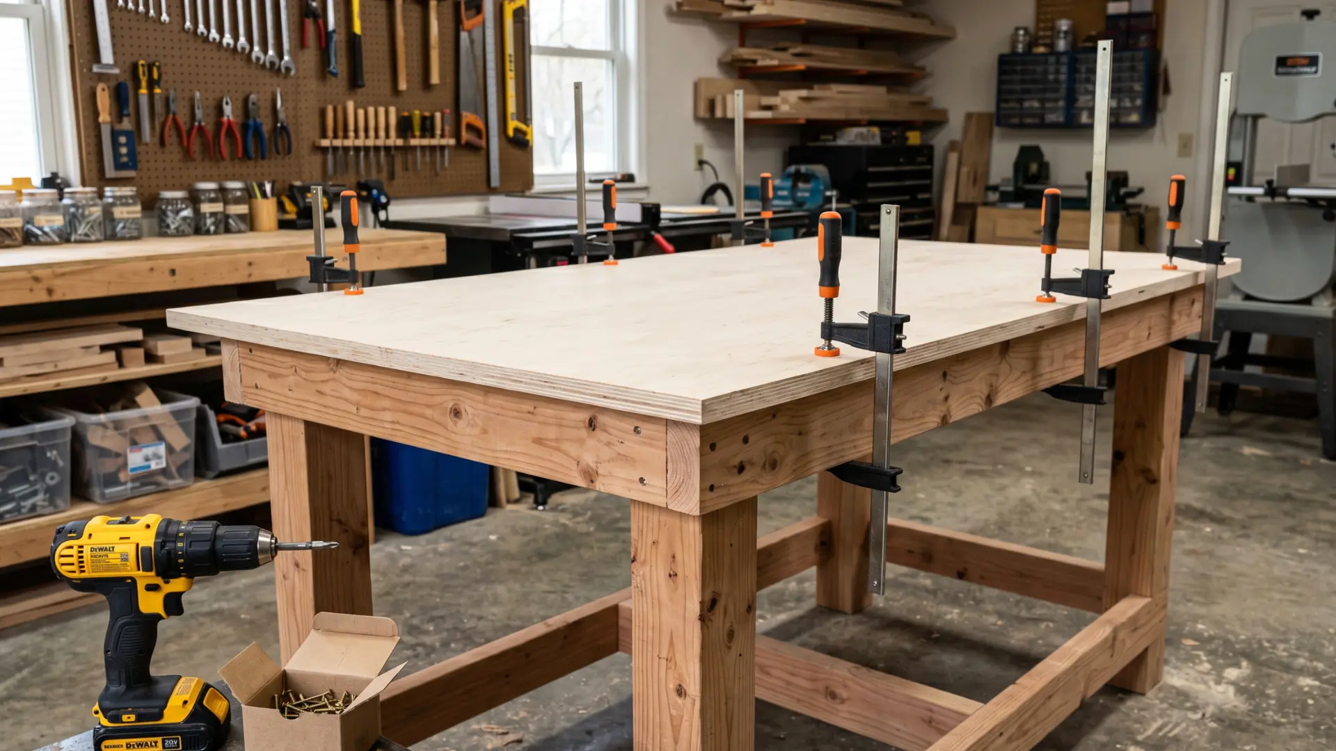 thick sheet of plywood being positioned and clamped onto the top of a wooden workbench frame in a garage workshop, flush edges on all sides, clamps visible on the sides, a power drill nearby ready
