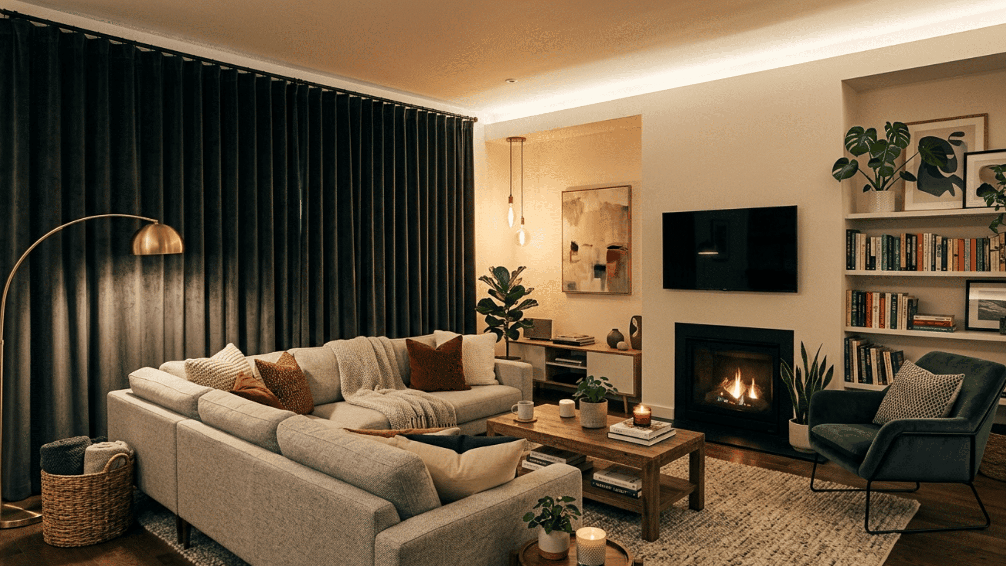 thick soundproof curtains hanging over a large window in a modern living room.