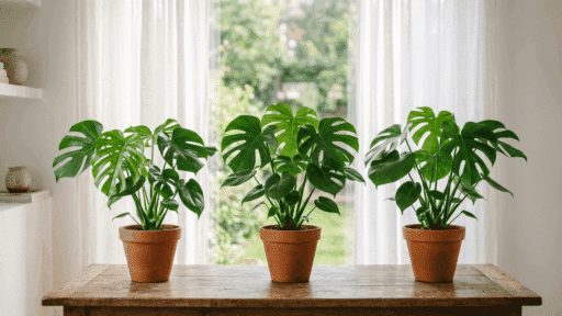 three healthy monstera plants in simple pots placed side by side on a wooden table near a bright window