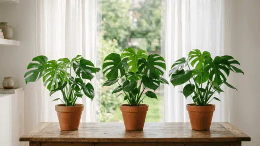 three healthy monstera plants in simple pots placed side by side on a wooden table near a bright window