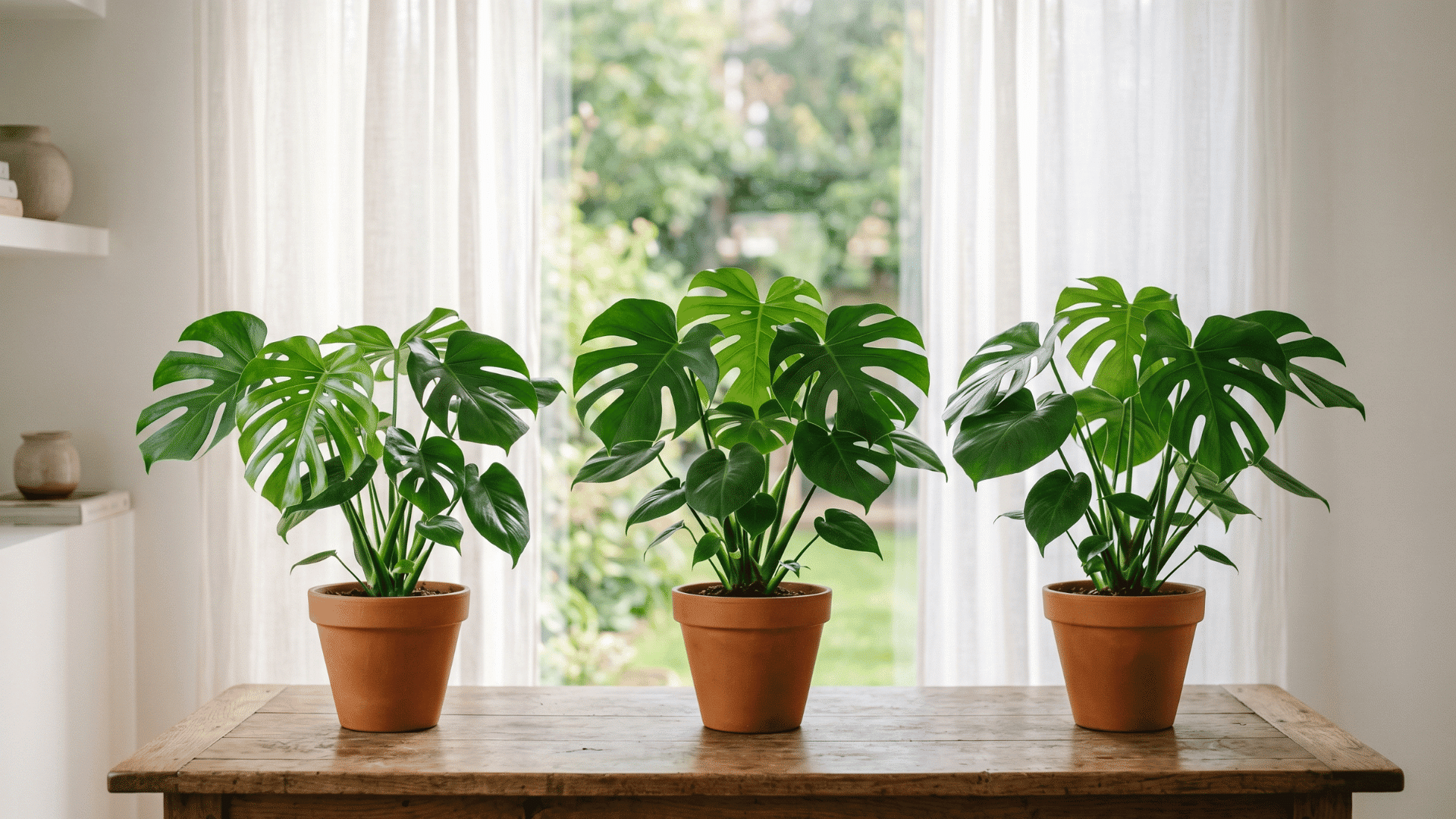 three healthy monstera plants in simple pots placed side by side on a wooden table near a bright window