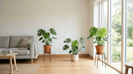 three monstera plants in a room near window showing light placement and distance from sunlight (1)