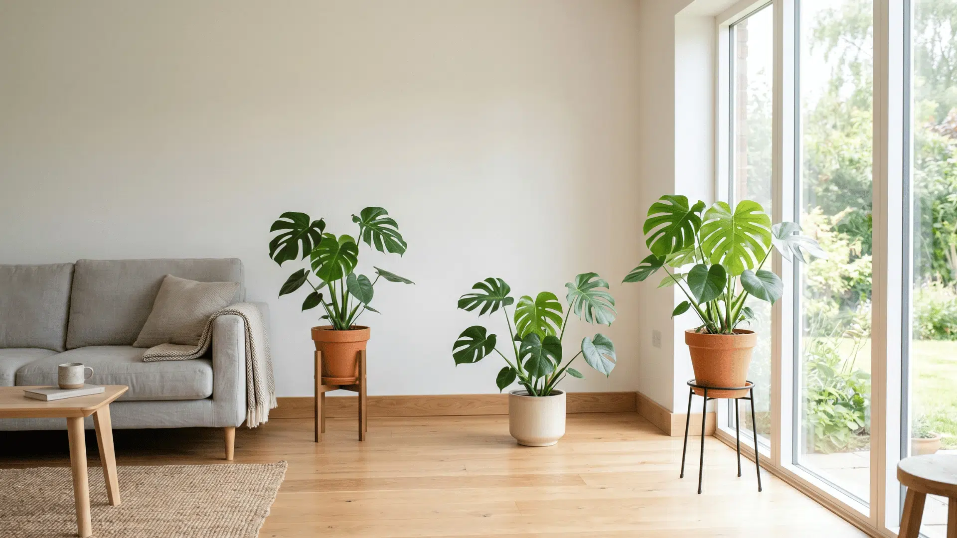 three monstera plants in a room near window showing light placement and distance from sunlight (1)