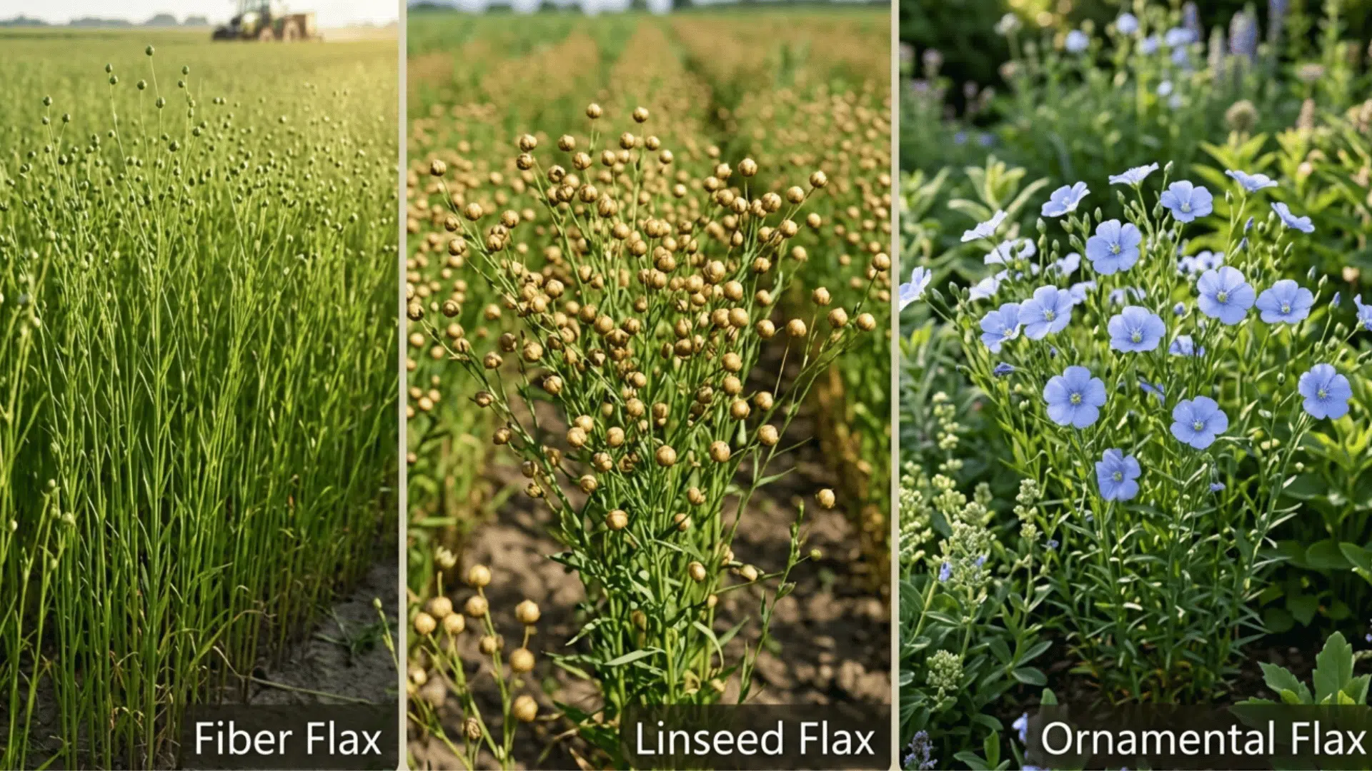 three-panel collage of flax plant types showing fiber flax, linseed flax, dual-purpose and ornamental flax in natural field settings