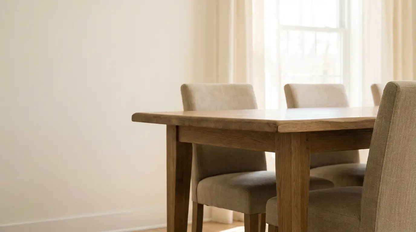 Wooden dining table with beige upholstered chairs in a sunlit room with sheer curtains