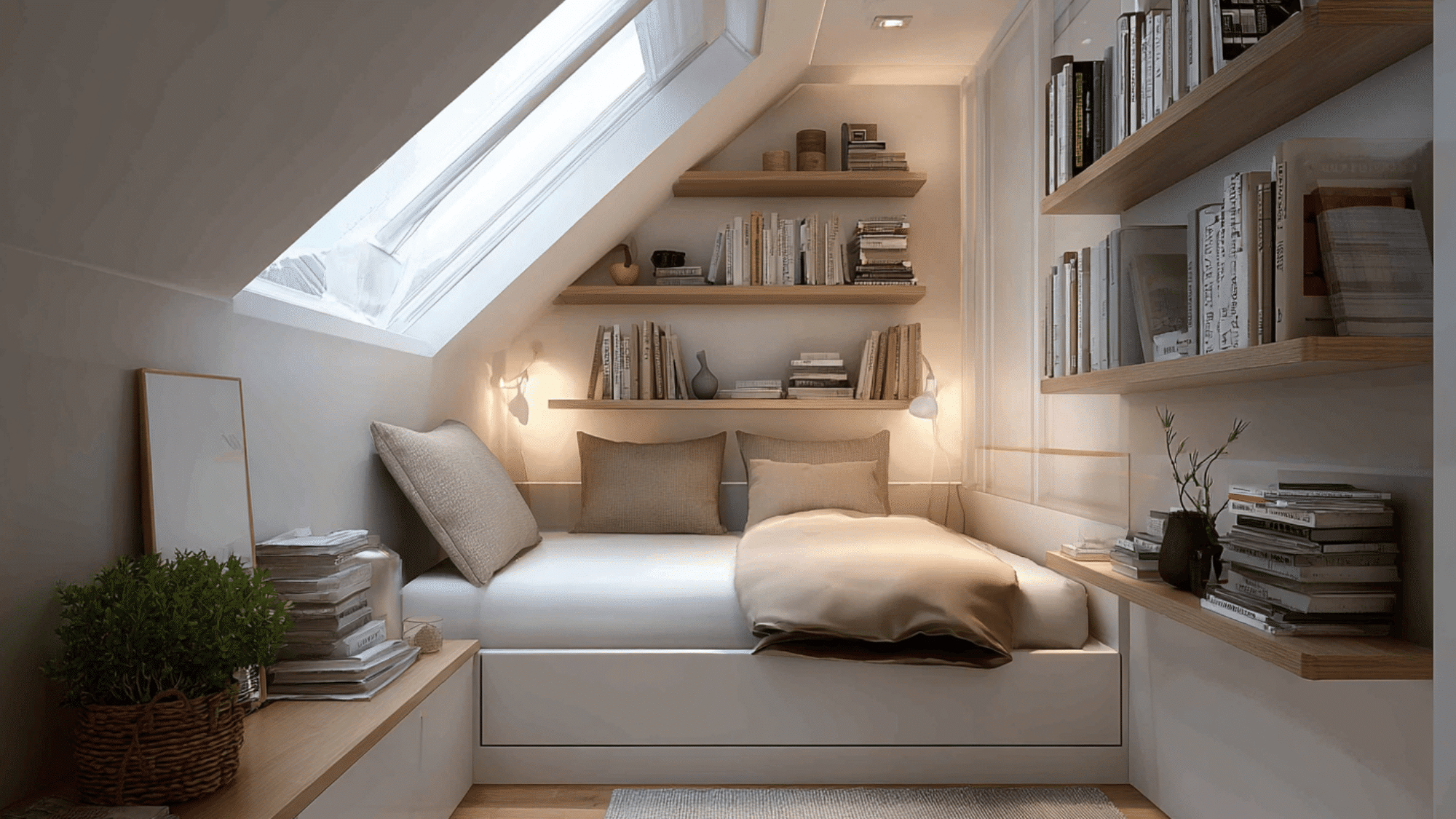 tiny attic bedroom with foldable furniture and wall shelves maximizing space in compact layout design