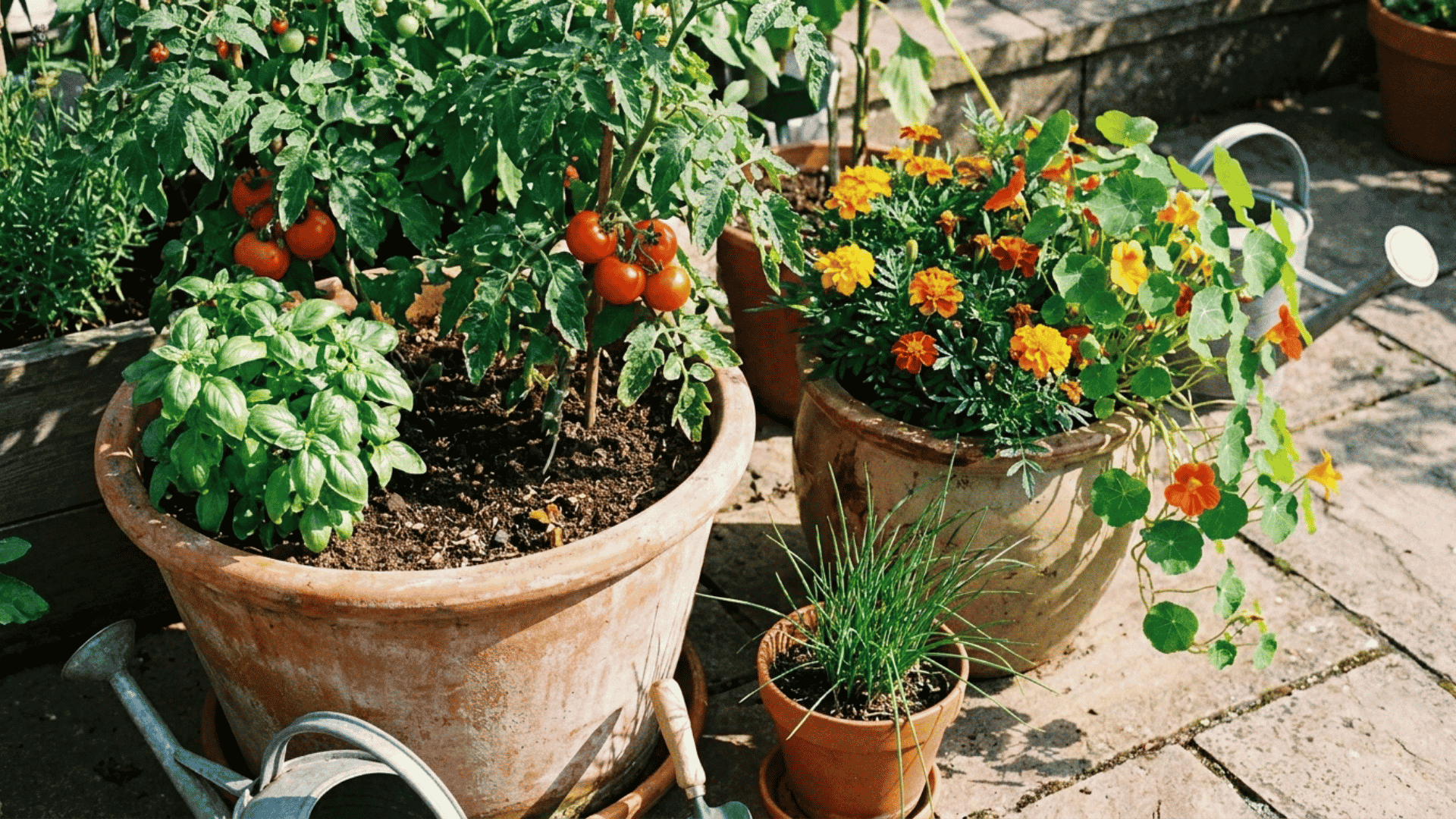 Tomato plant growing in a patio container with basil, marigolds, nasturtiums, and chives as companion plants nearby.