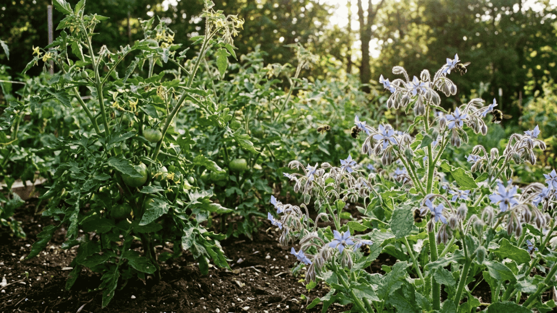 Tomato plants growing alongside borage flowers in a raised backyard garden bed with rich soil and a companion planting layout.