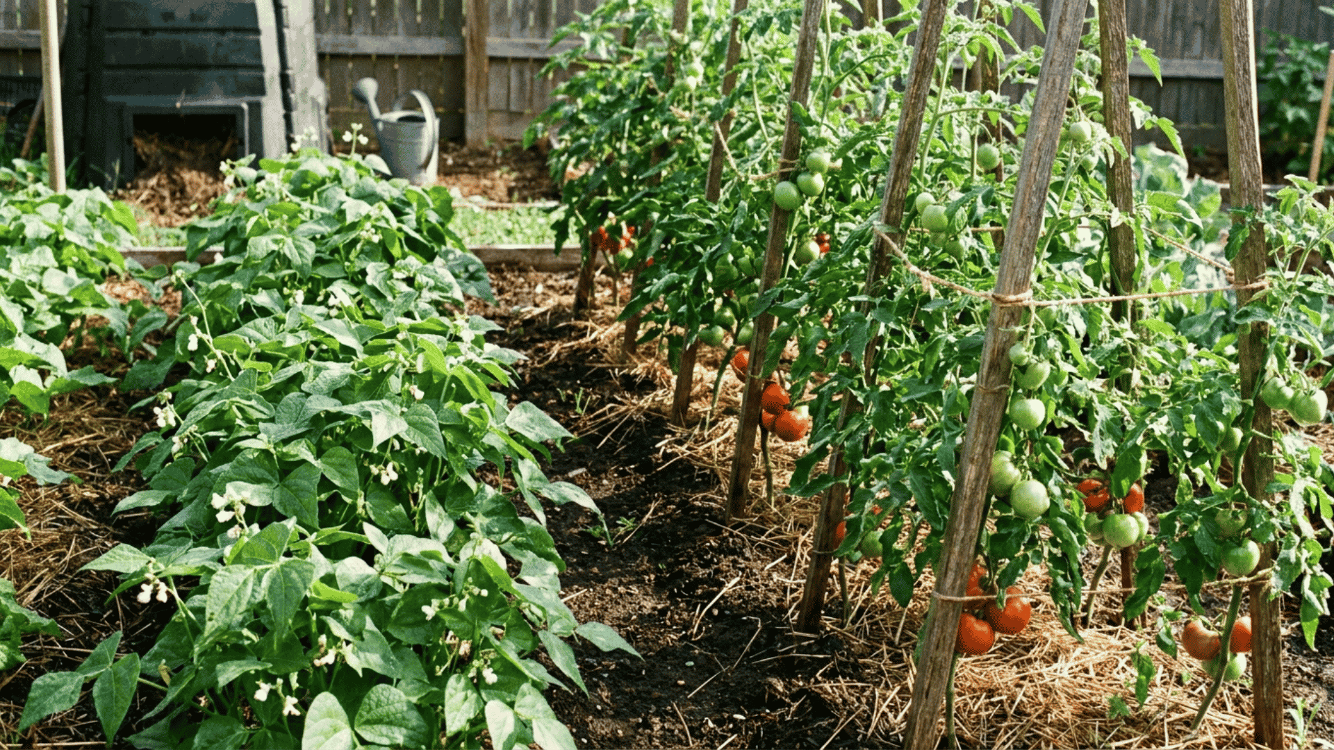 Tomato plants growing alongside bush beans in a raised backyard garden bed with rich soil and a companion planting layout.
