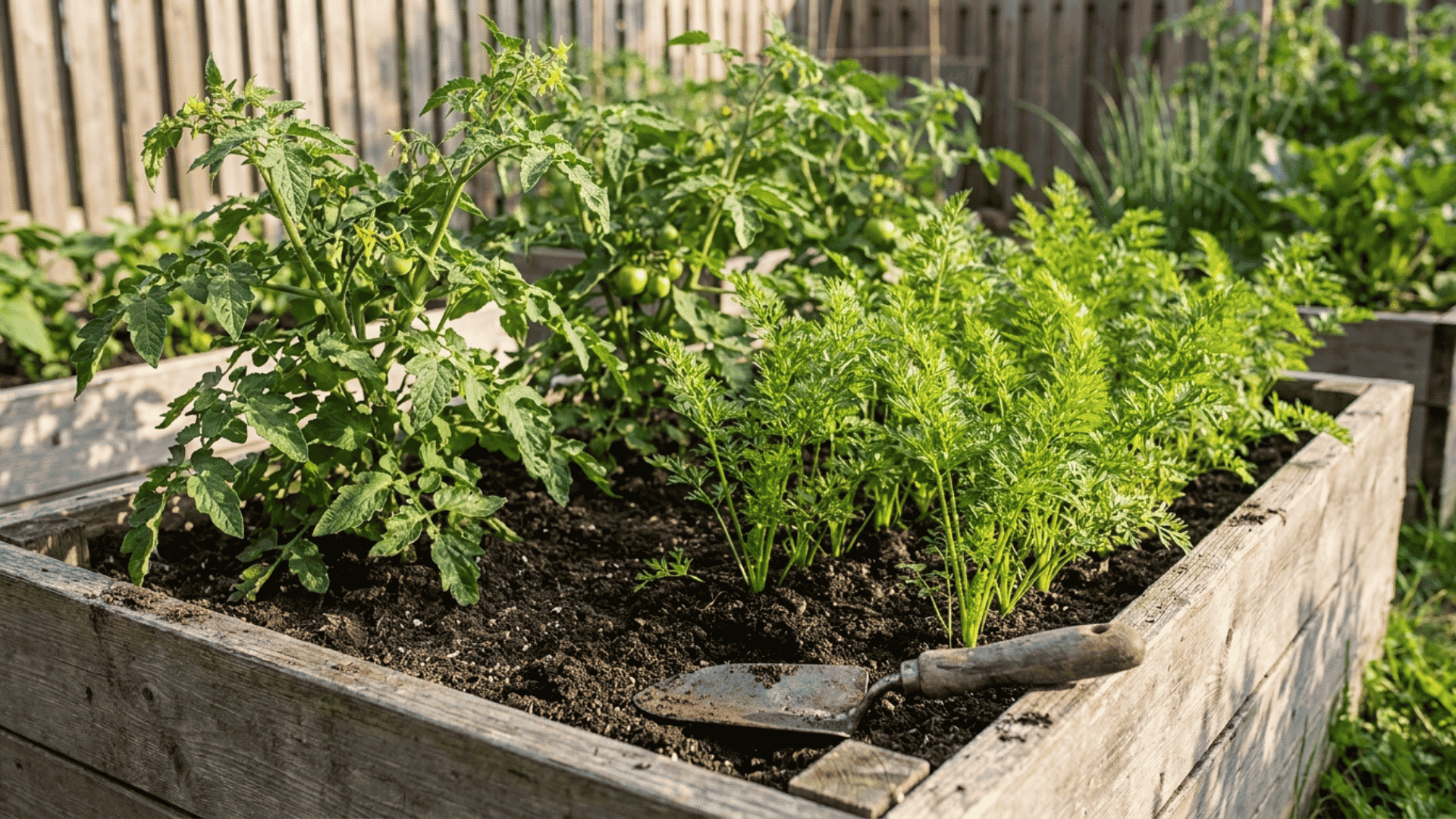 Tomato plants growing alongside carrots in a raised backyard garden bed with rich soil and a companion planting layout.