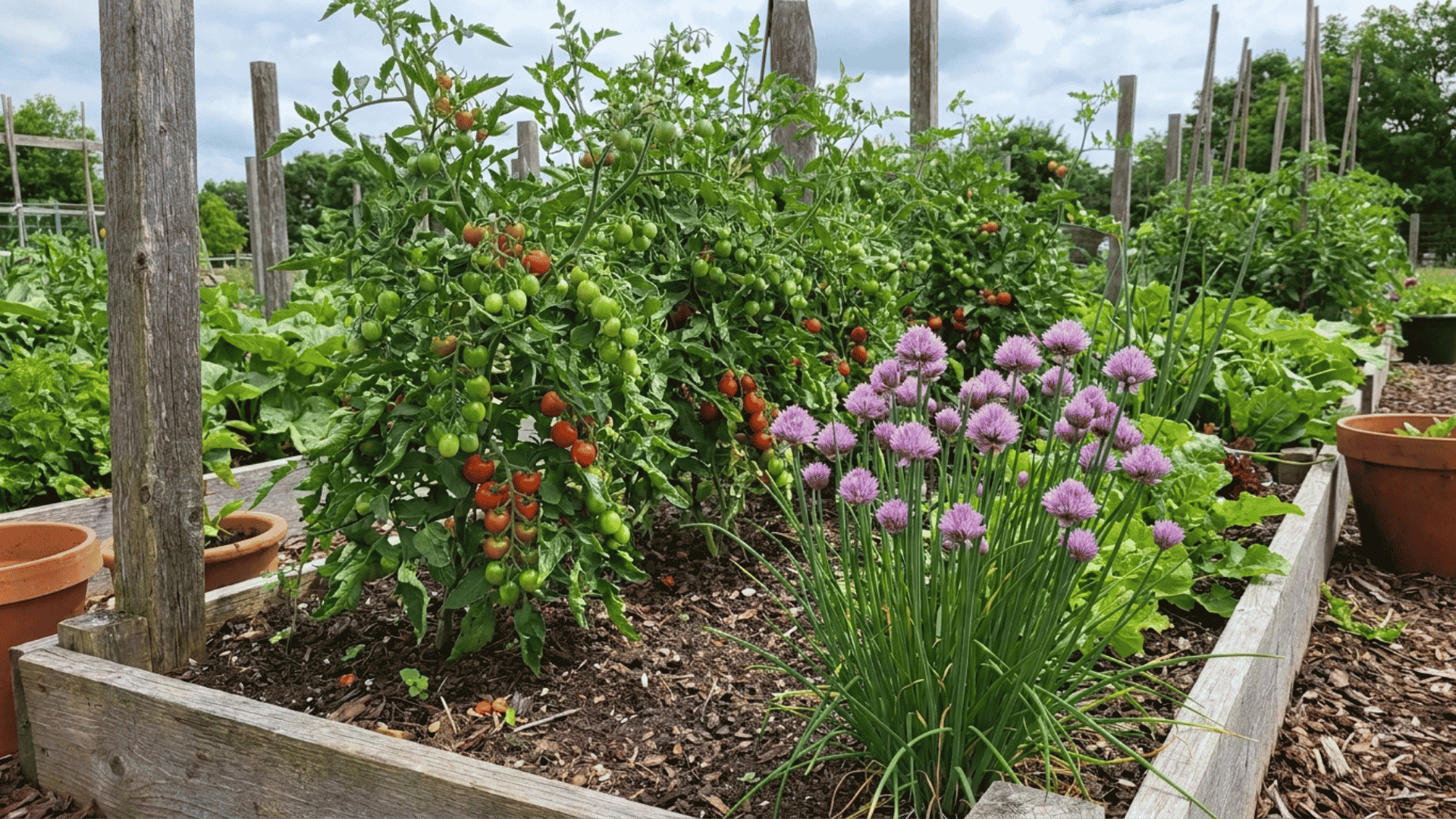 Tomato plants growing alongside flowering chives in a raised backyard garden bed with rich soil and a companion planting layout.