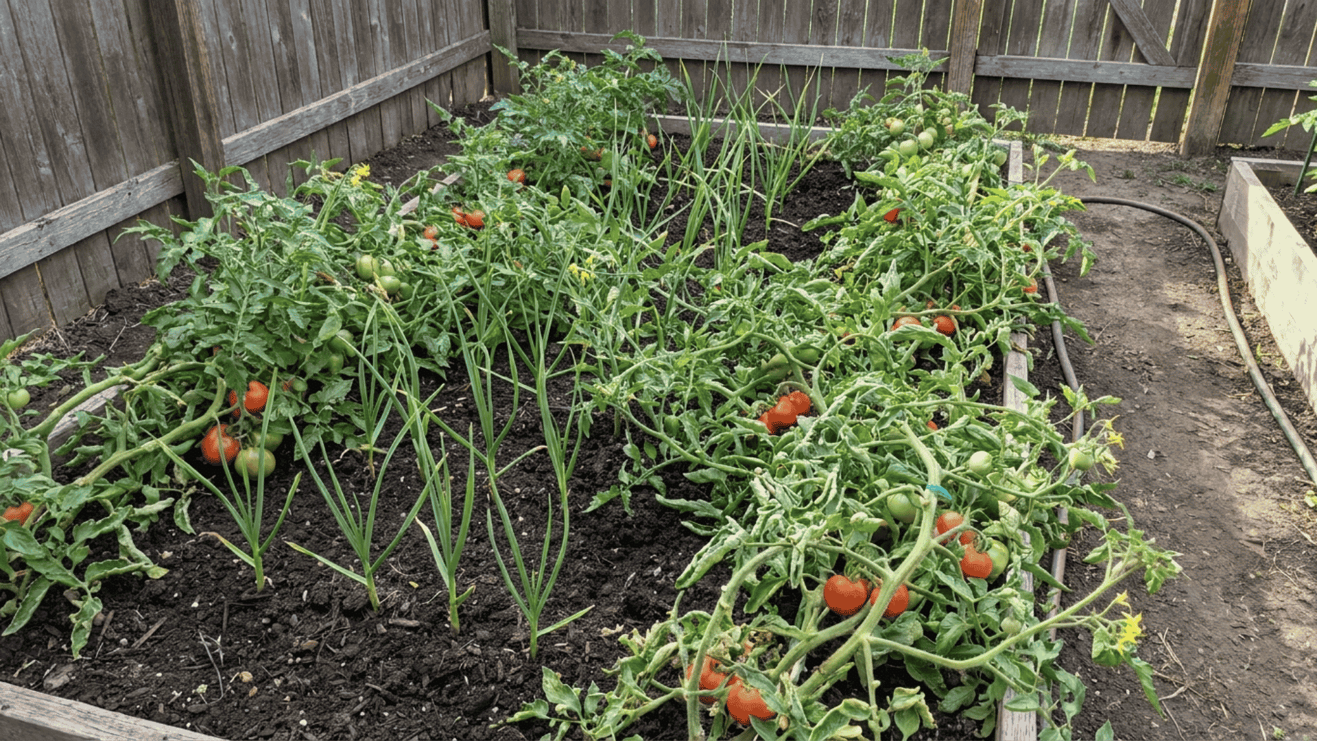 Tomato plants growing alongside garlic in a raised backyard garden bed with rich soil and a companion planting layout.