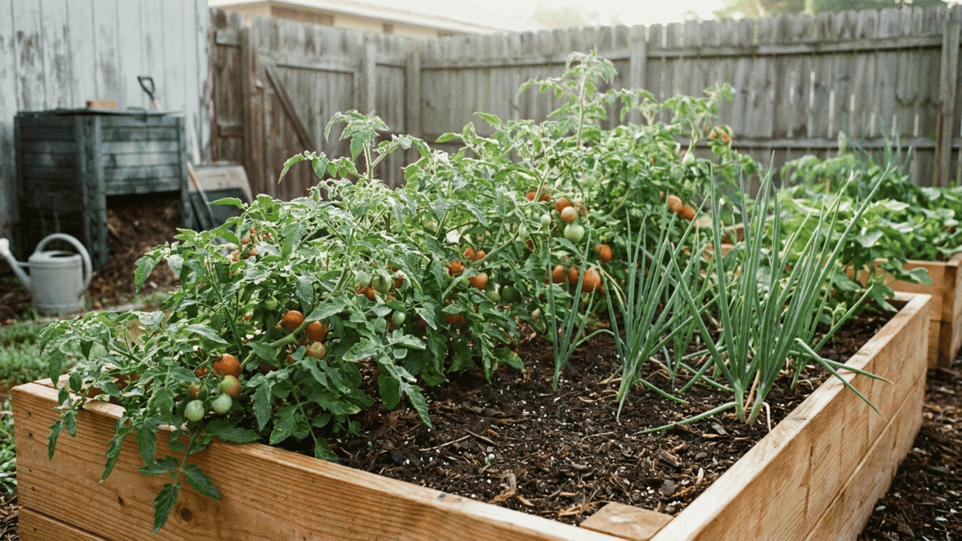 Tomato plants growing alongside green onion in a raised backyard garden bed with rich soil and a companion planting layout.