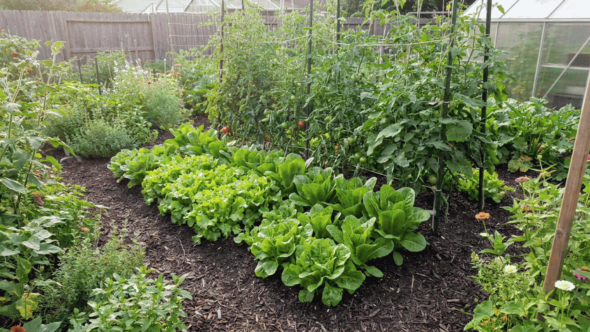 Tomato plants growing alongside lettuce in a raised backyard garden bed with rich soil and a companion planting layout.