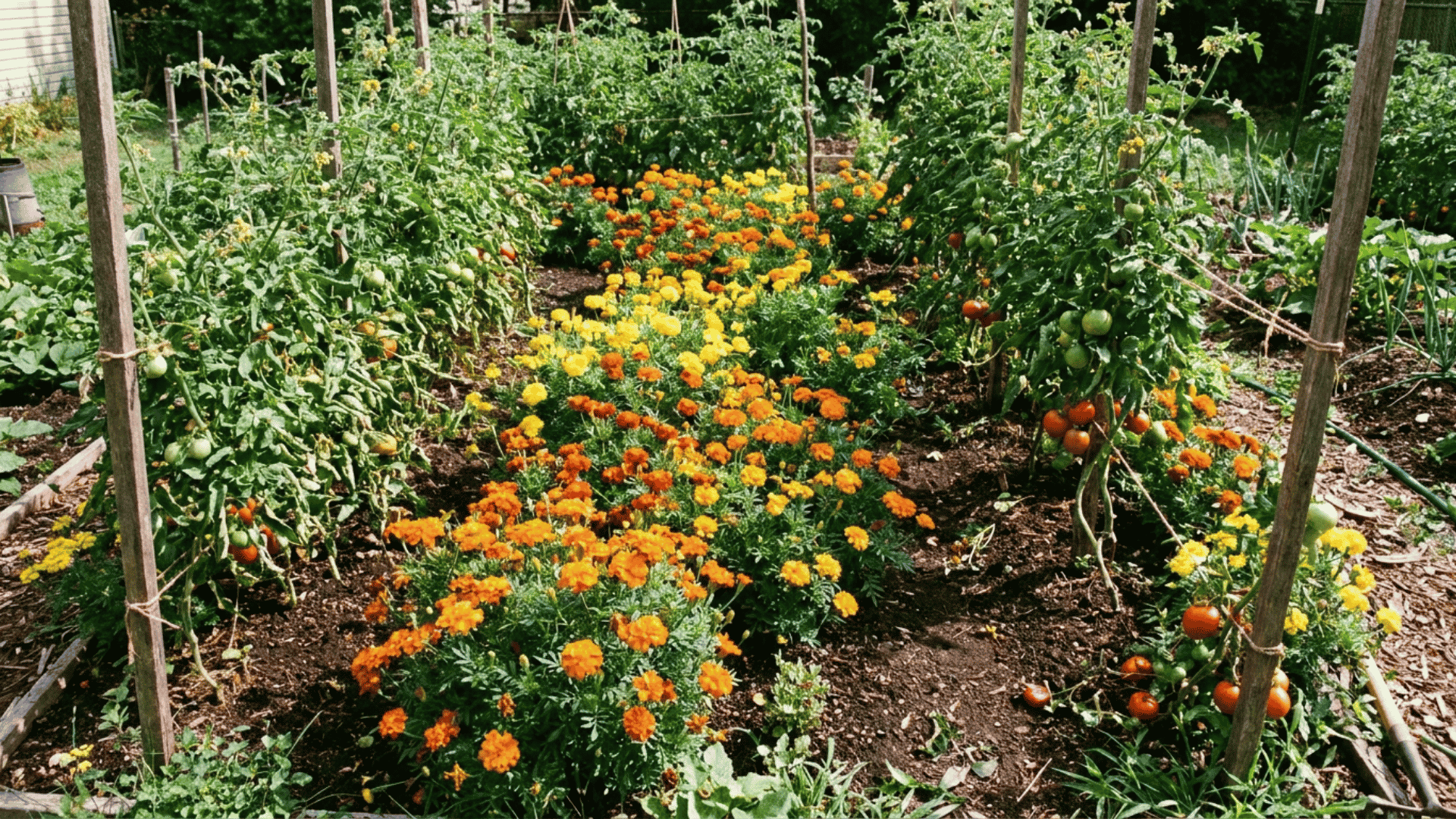 Tomato plants growing alongside marigold in a raised backyard garden bed with rich soil and a companion planting layout.