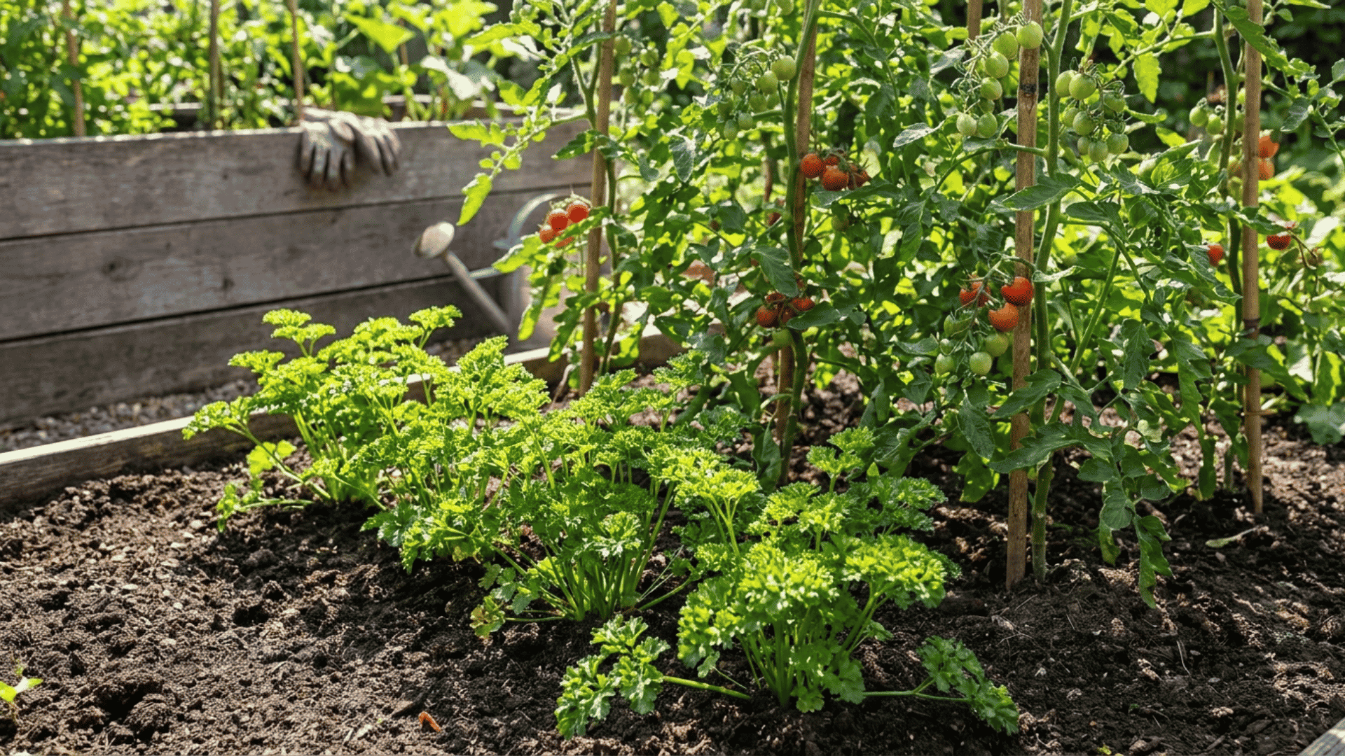 Tomato plants growing alongside parsley in a raised backyard garden bed with rich soil and a companion planting layout.