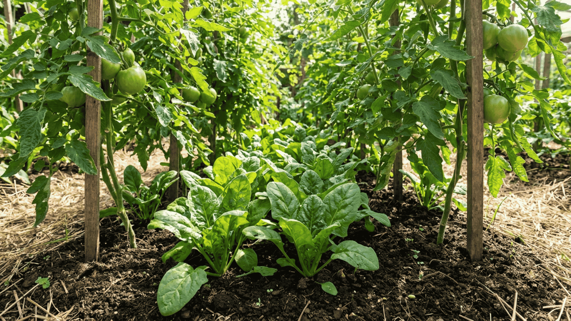 Tomato plants growing alongside spinach in a raised backyard garden bed with rich soil and a companion planting layout.