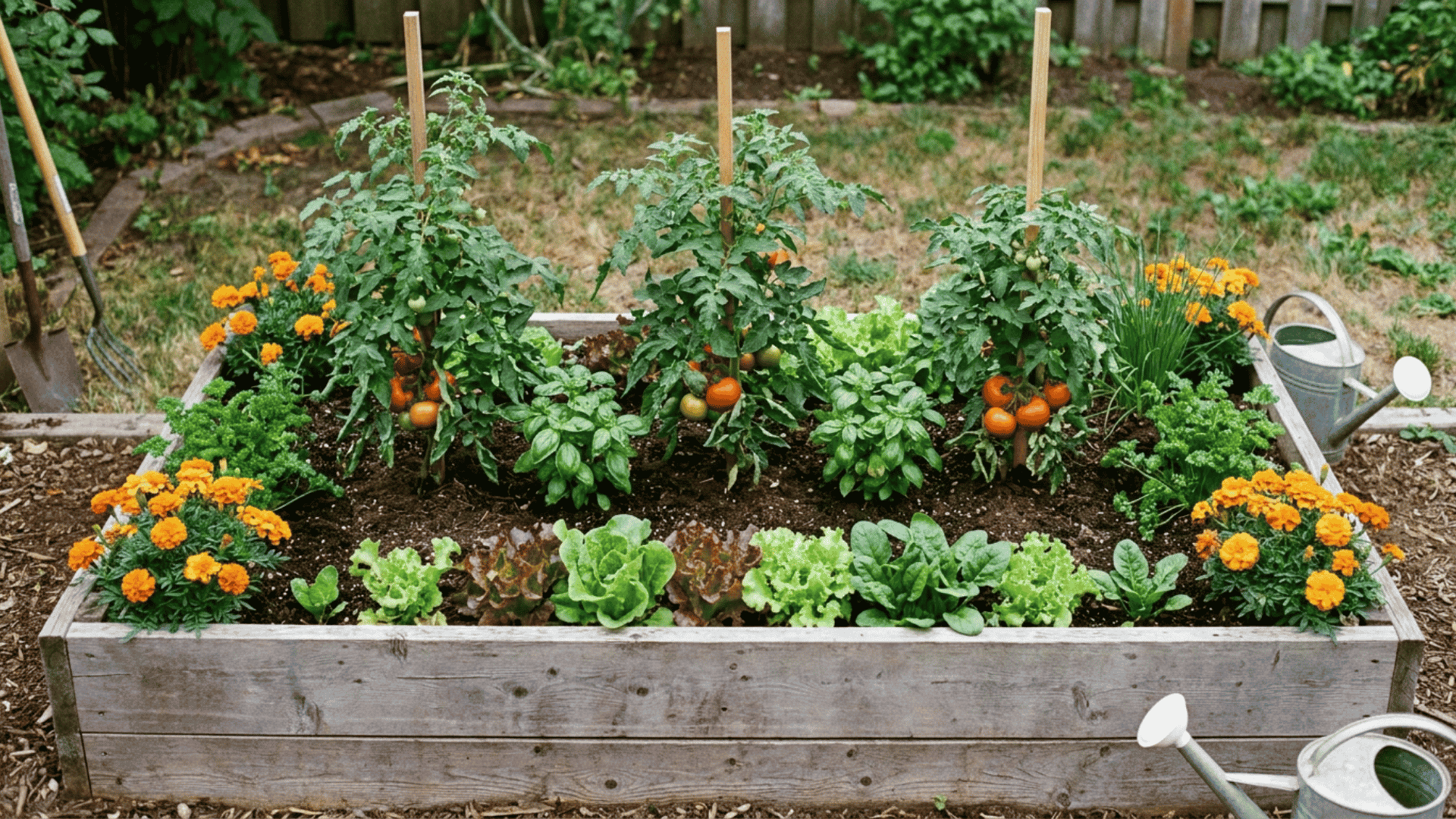 Tomato plants growing in a raised garden bed with basil, marigolds, lettuce, spinach, parsley, and chives as companion plants.