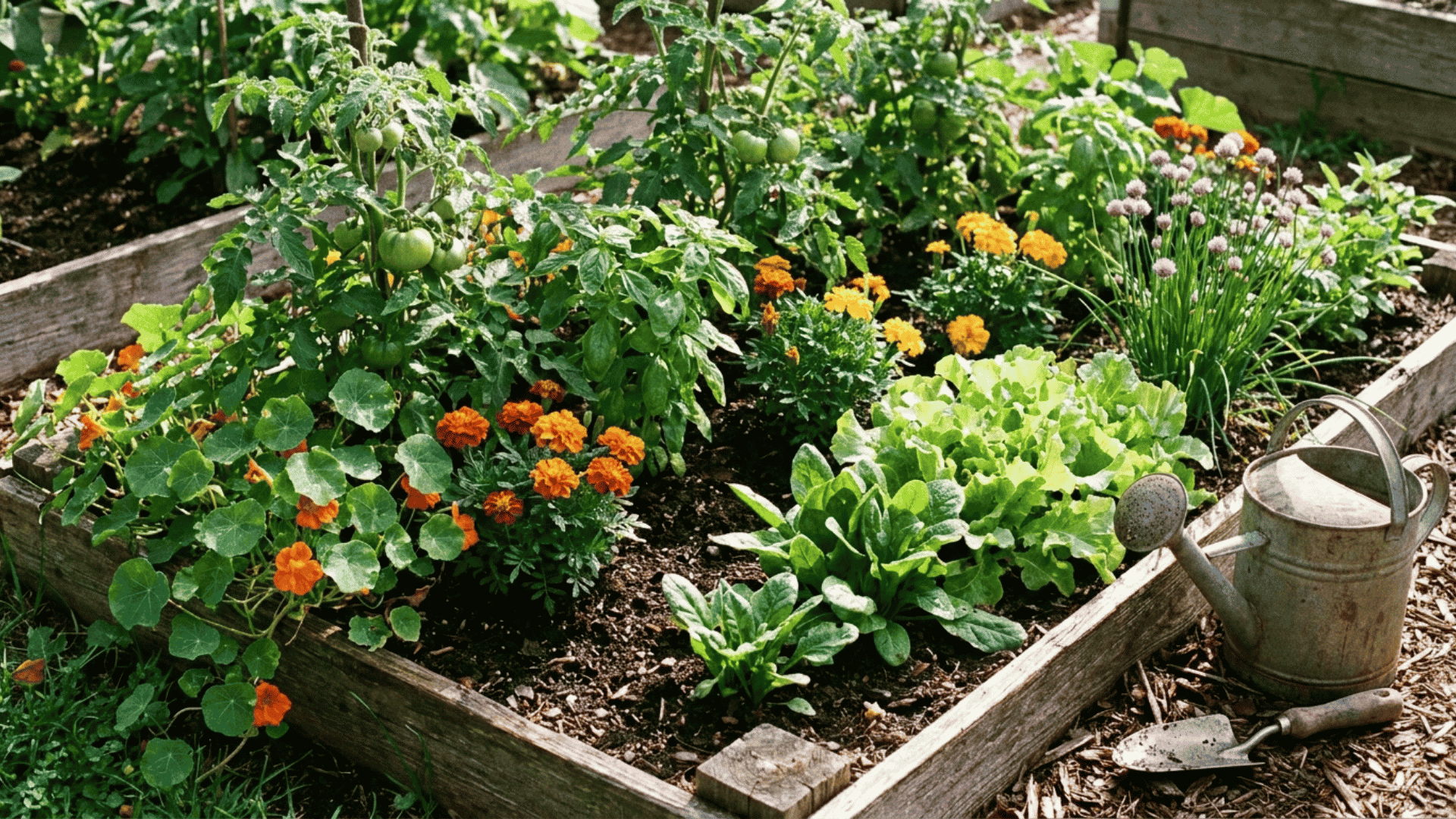 Tomato plants growing in a small backyard raised bed with nasturtiums, marigolds, lettuce, spinach, basil, and chives as companion plants.