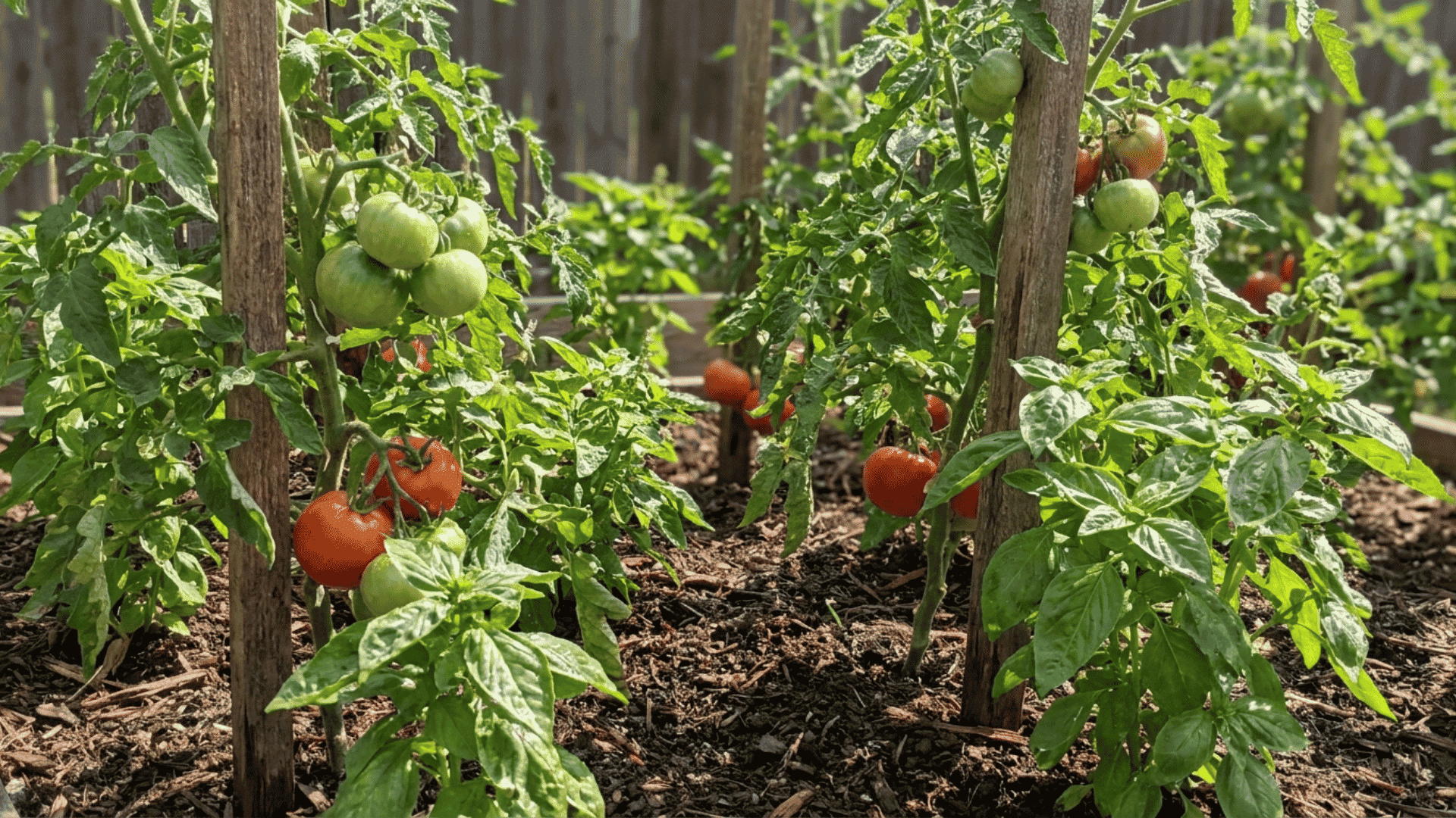 Tomato plants growing on wooden stakes with fresh basil companion plants in a sunny backyard vegetable garden.