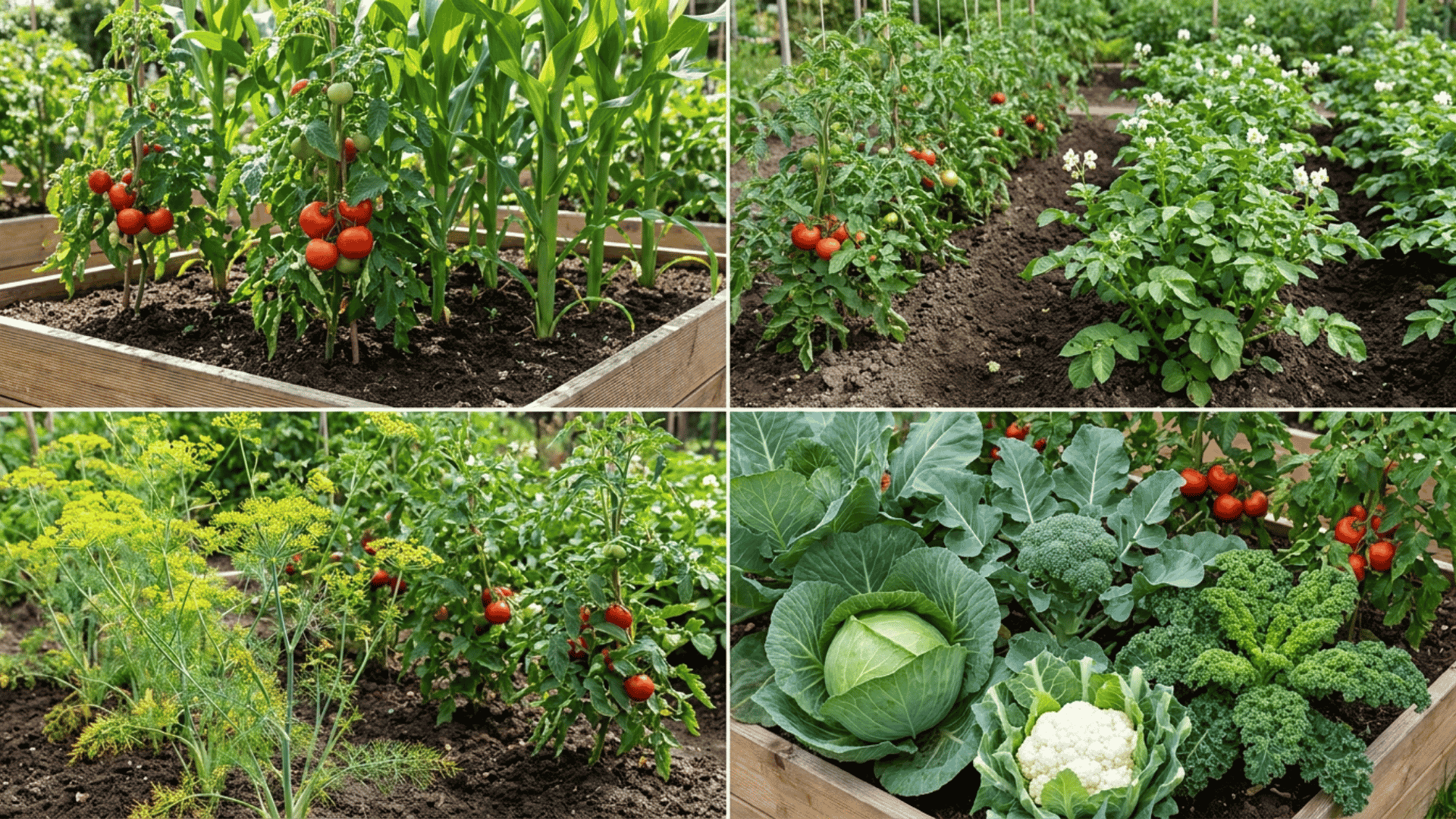 Tomato plants shown beside corn, potatoes, fennel, and brassica vegetables in a realistic companion planting warning collage.