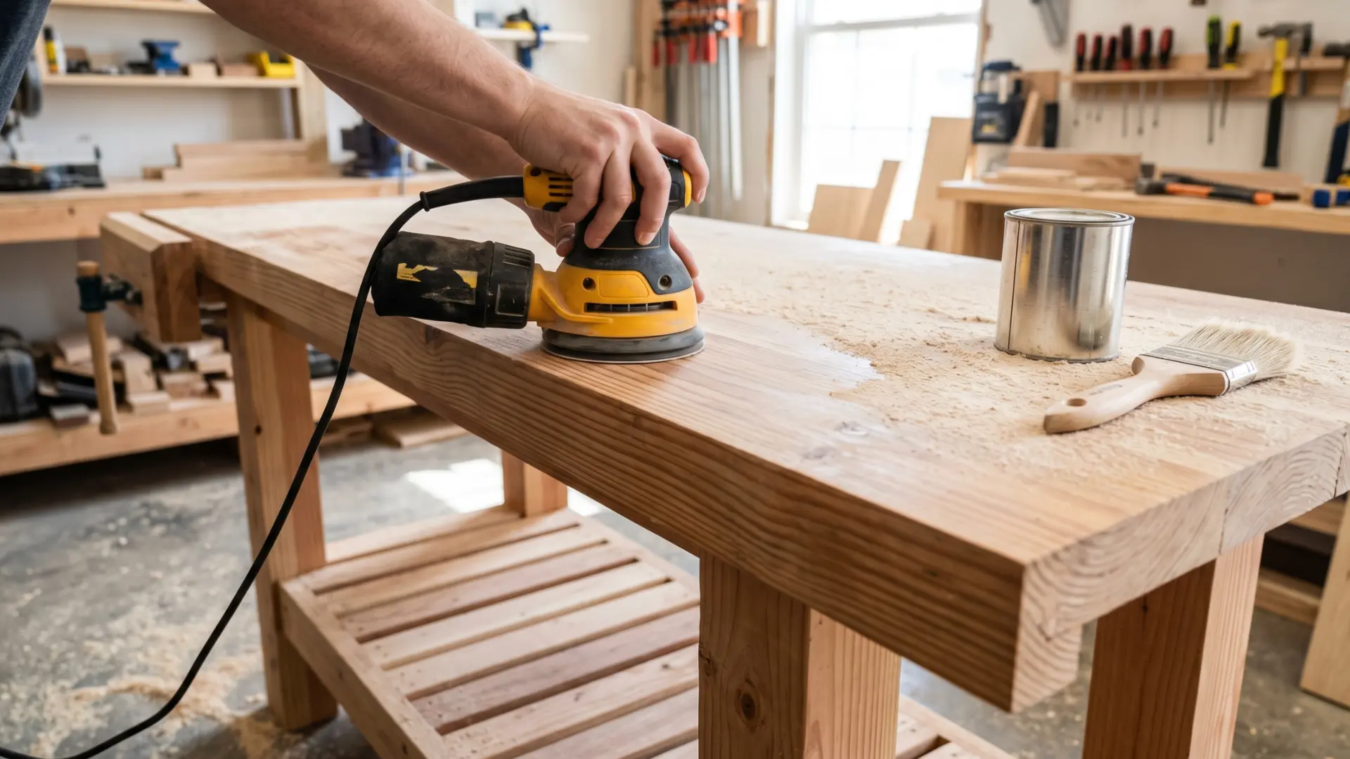 top surface of a completed DIY wooden workbench being sanded down with an orbital sander, fine sawdust visible across the surface, a tin of wood sealant and a brush placed to the side, bright work