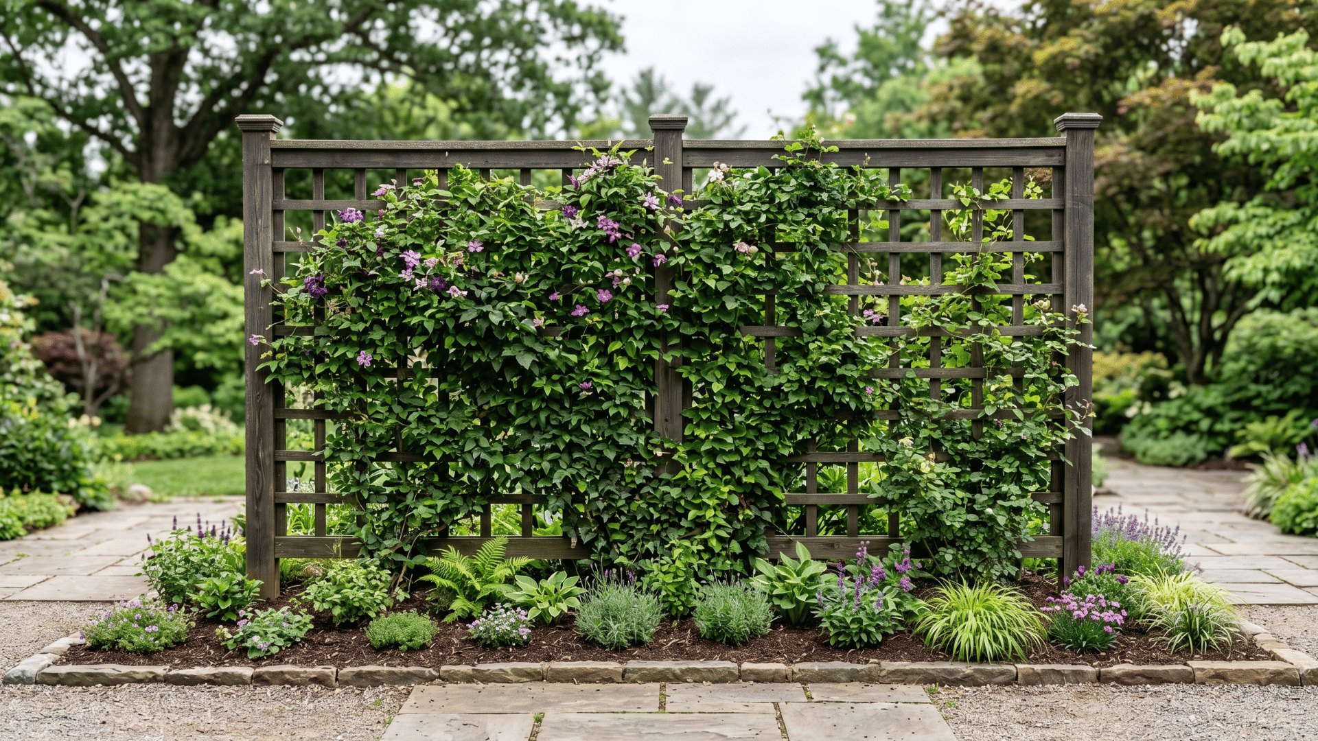 trellis wall with climbing plants growing in a clean outdoor space