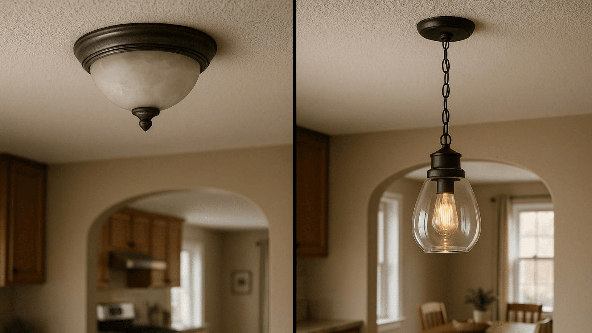 two ceiling light fixtures in a kitchen one is a flush mount with frosted glass and the other a hanging pendant with clear glass and an exposed bulb