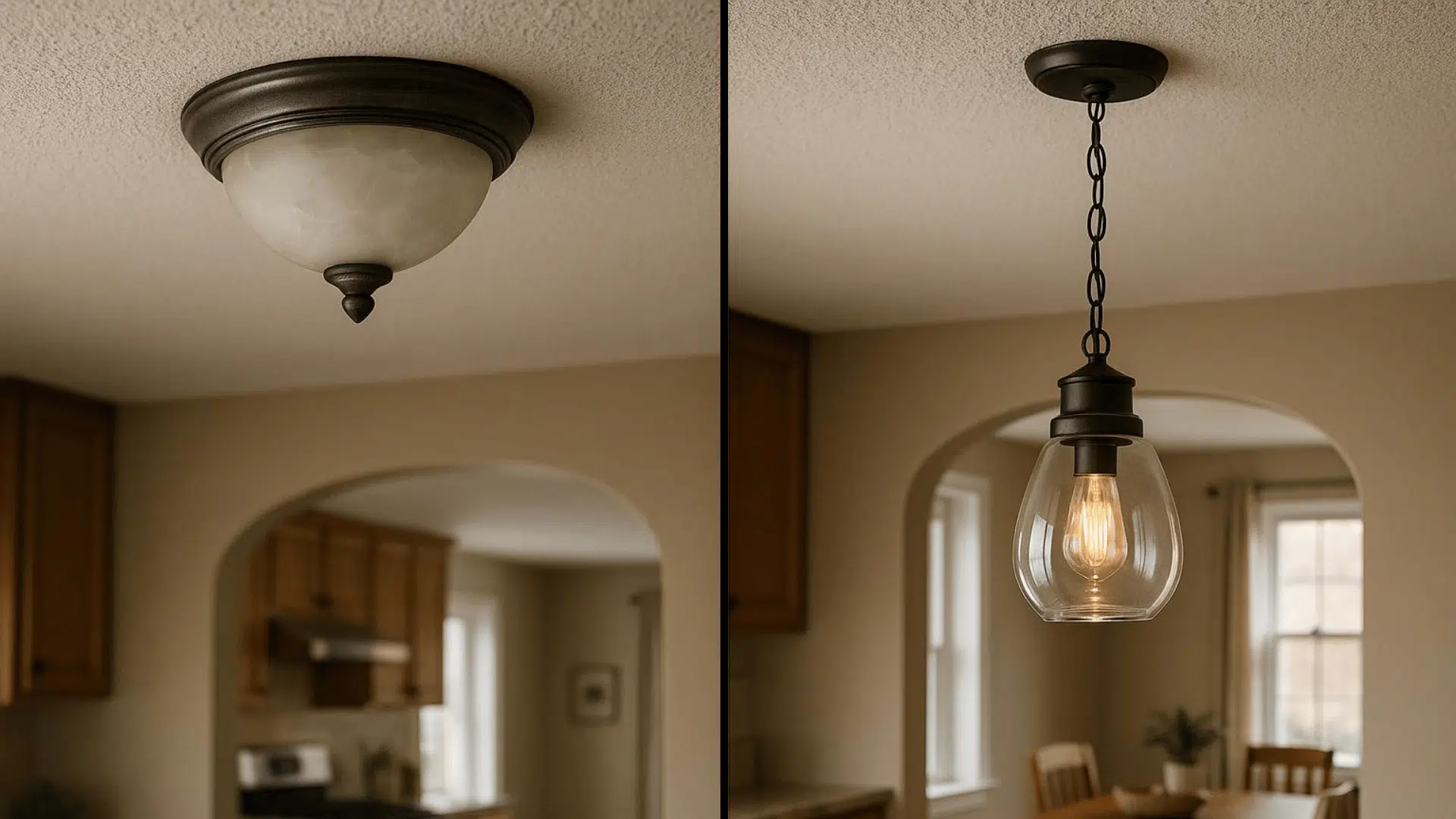 two ceiling light fixtures in a kitchen one is a flush mount with frosted glass and the other a hanging pendant with clear glass and an exposed bulb