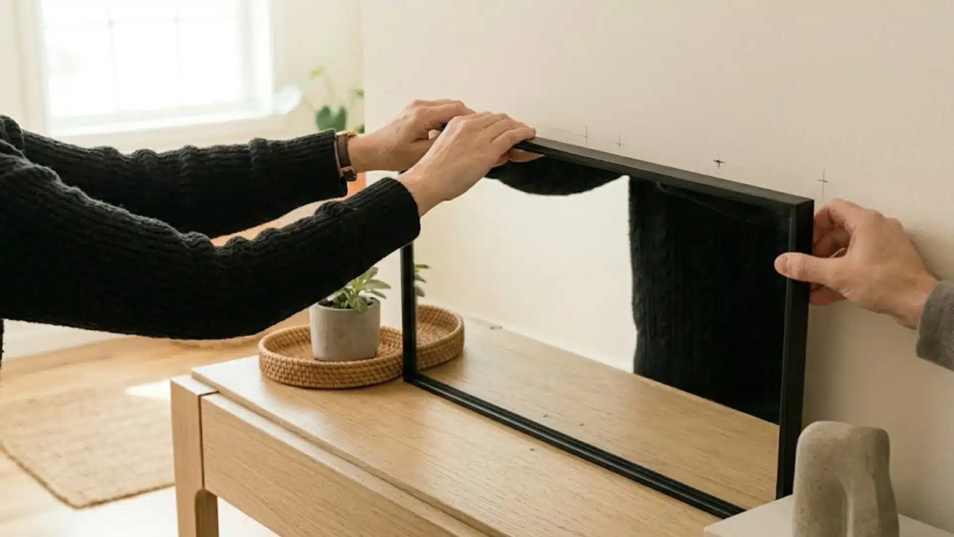 two people work together to lift and position a large, black-framed rectangular mirror onto a set of wall hooks (1)