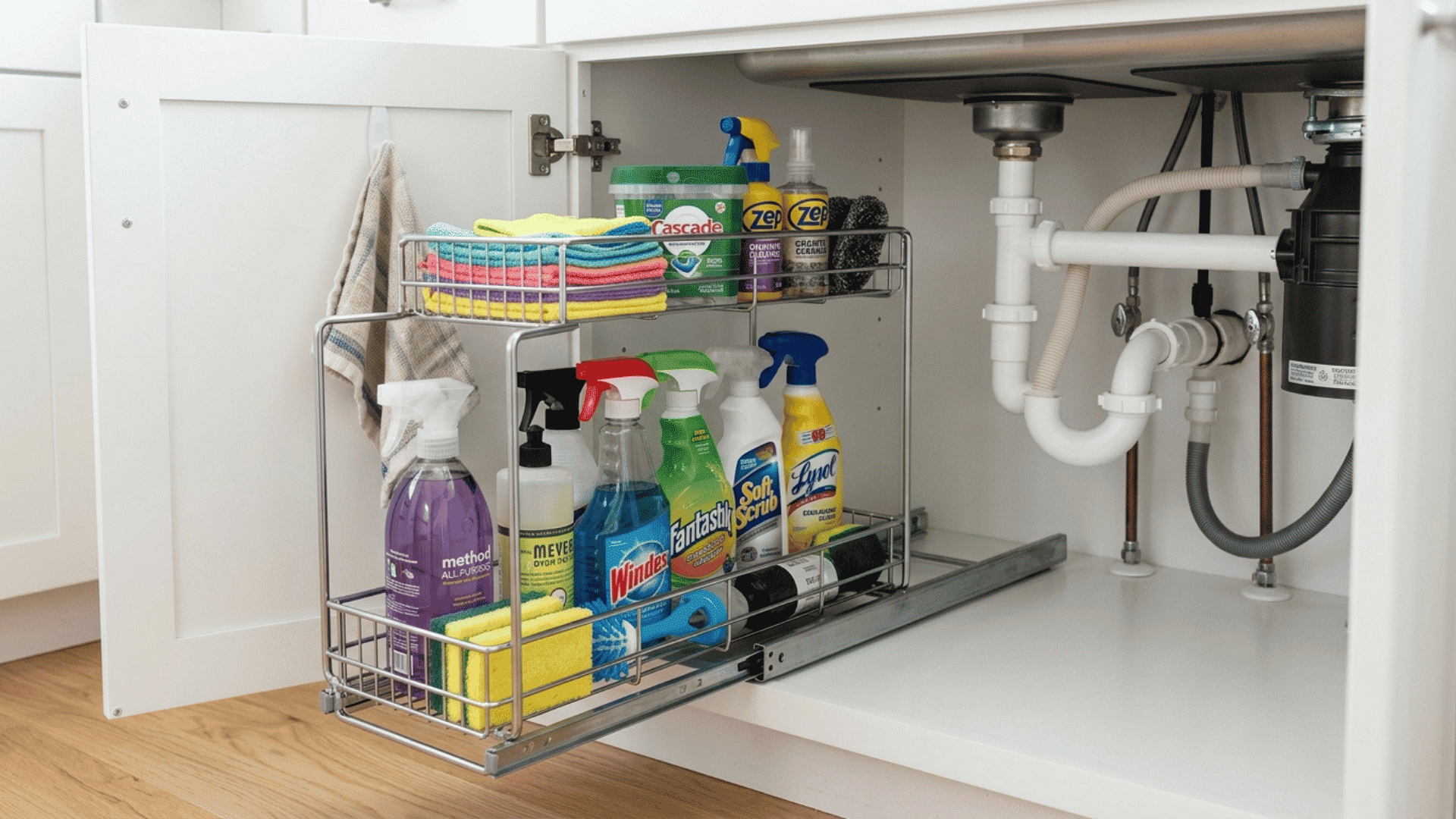 two tier sliding organizer under sink cabinet holding cleaning supplies neatly arranged in white cabinet