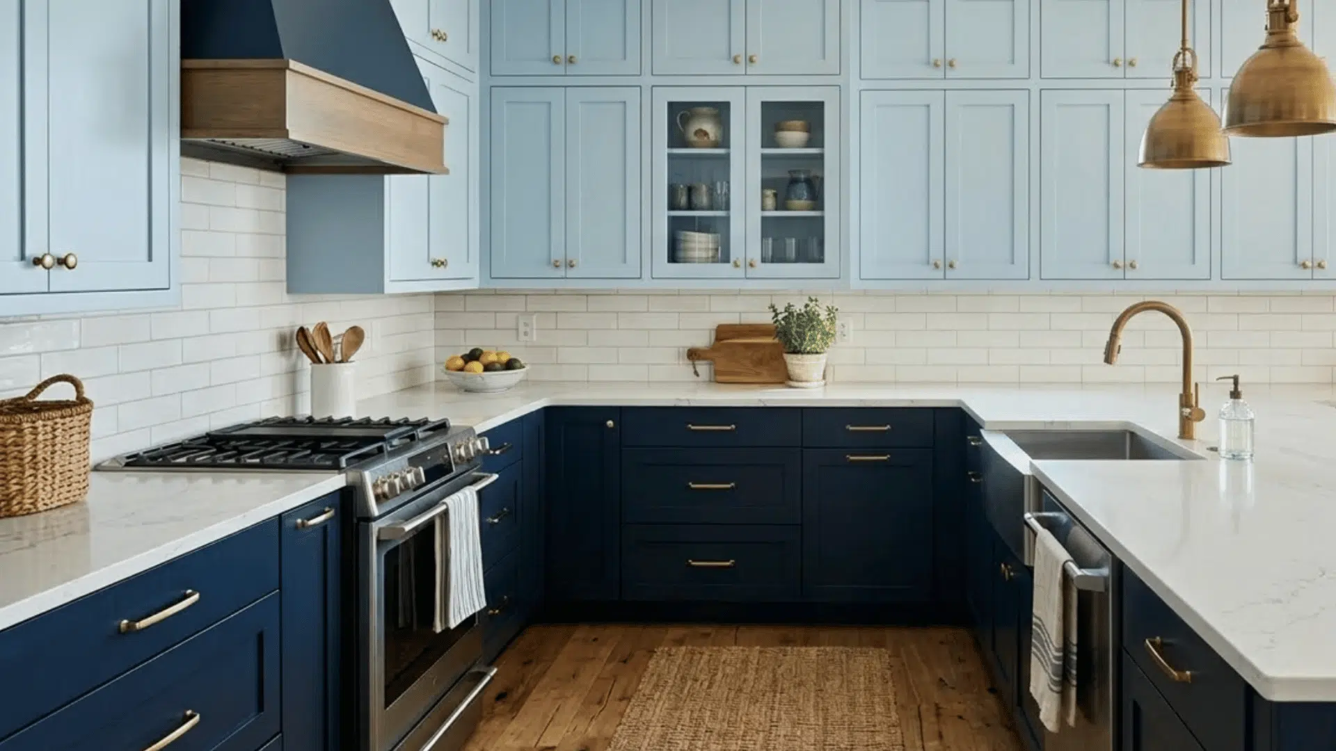 two tone blue cabinets with light and dark shades create a layered modern kitchen look