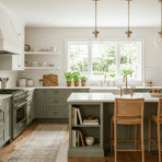 two tone kitchen with white upper cabinets and sage green base cabinets, warm wood floors and bright natural light