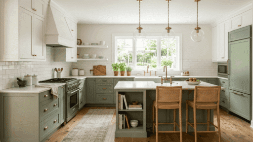 two tone kitchen with white upper cabinets and sage green base cabinets, warm wood floors and bright natural light
