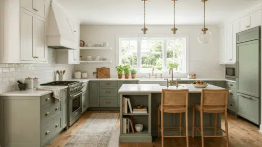 two tone kitchen with white upper cabinets and sage green base cabinets, warm wood floors and bright natural light