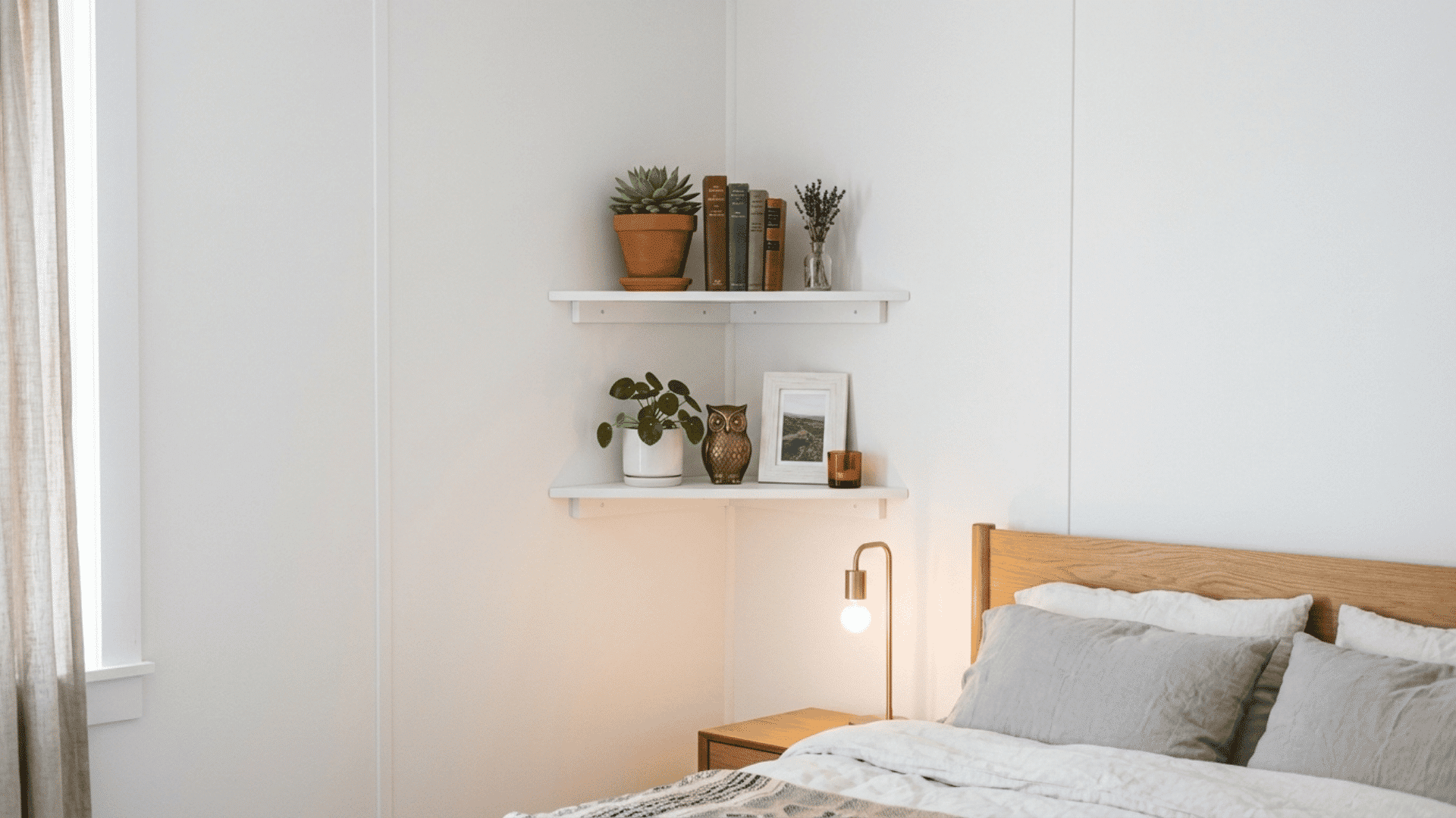 two white corner shelves mounted in bedroom corner with small plants and decorative items on each shelf