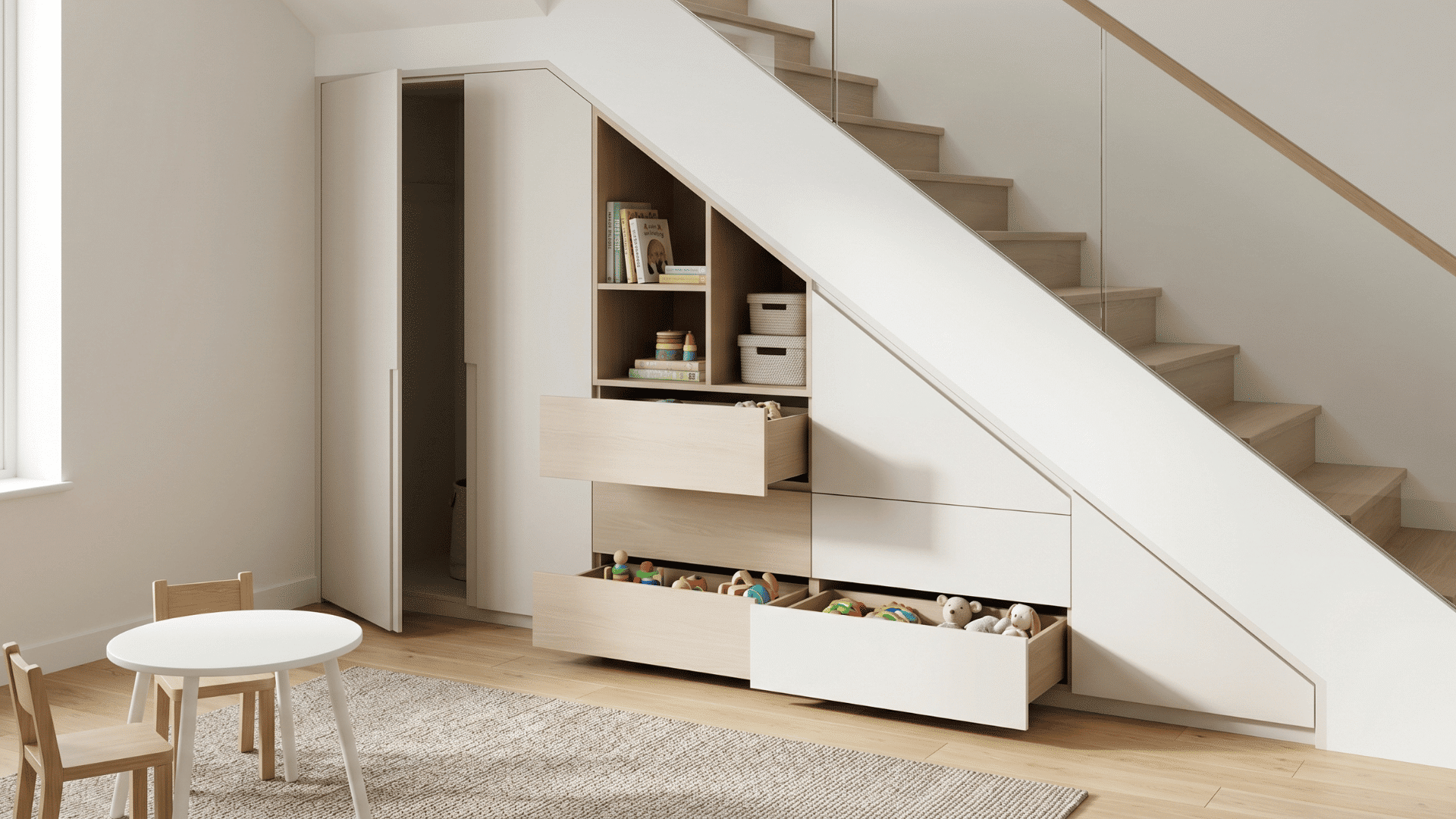 under stair drawers and shelves slightly open showing toys clean layout neutral tones soft natural lighting (1)
