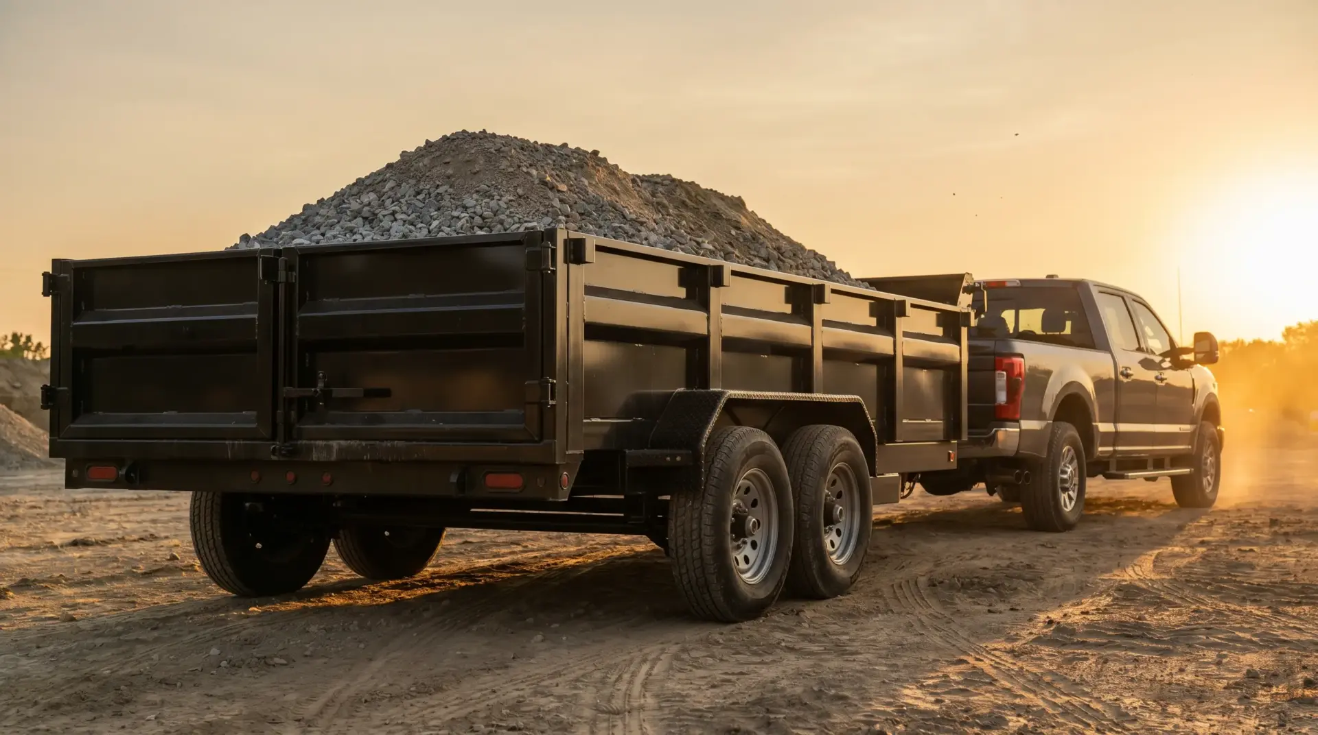 Black pickup truck with a loaded dump trailer on a dirt road at sunset