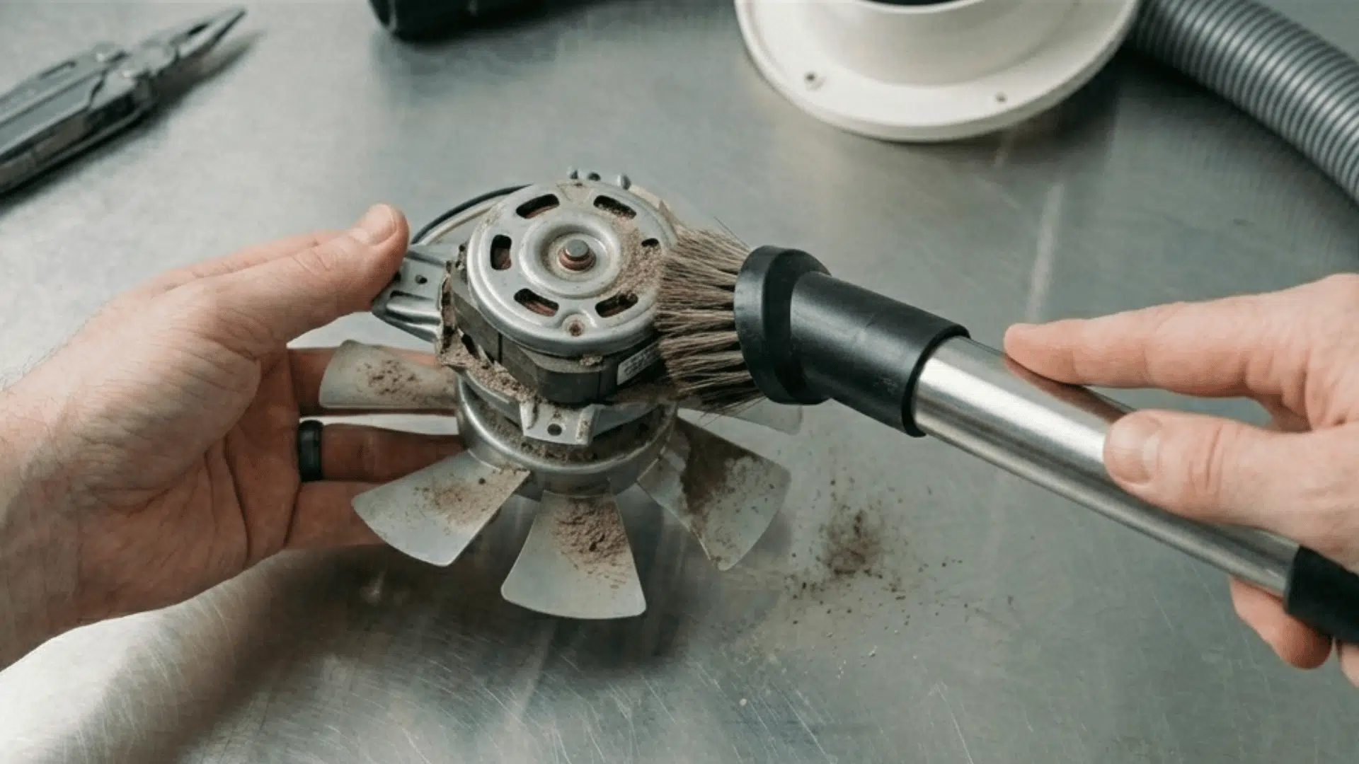 vacuuming dust from bathroom exhaust fan motor and blades.
