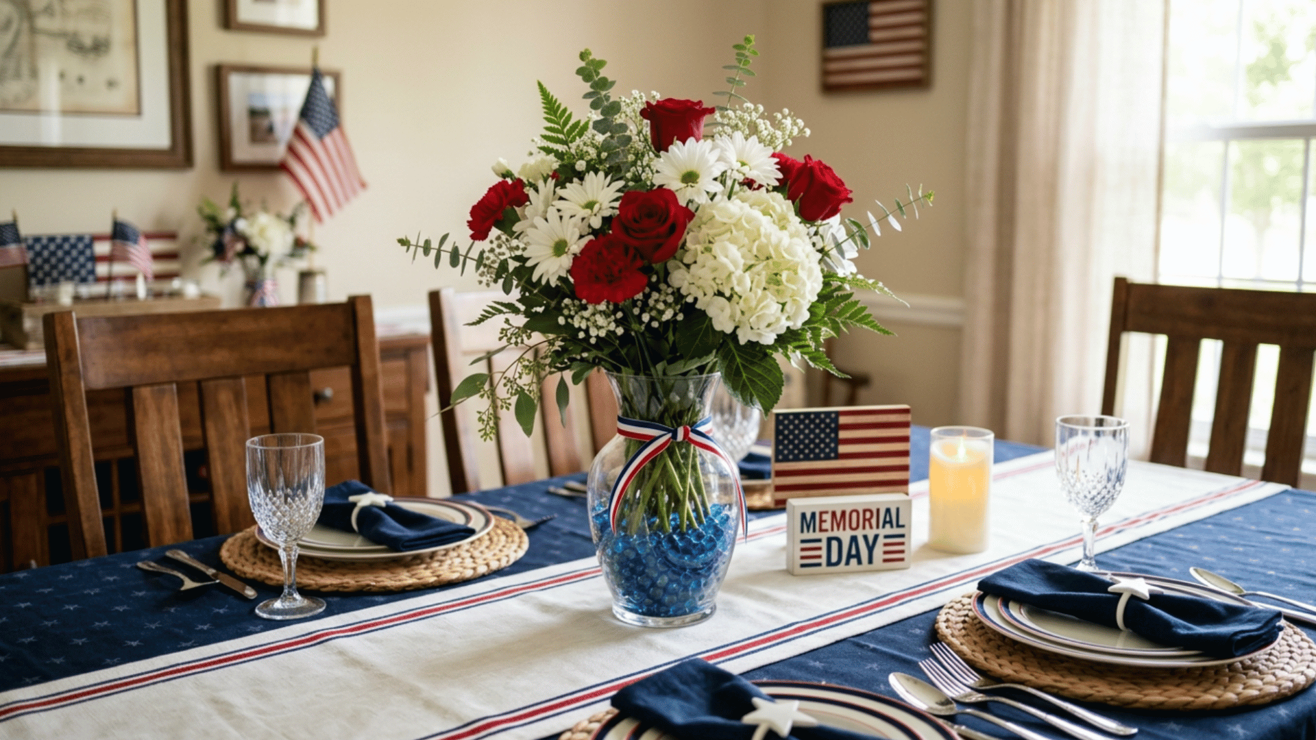 vase with red and white flowers and blue base stones used as simple memorial day centerpiece