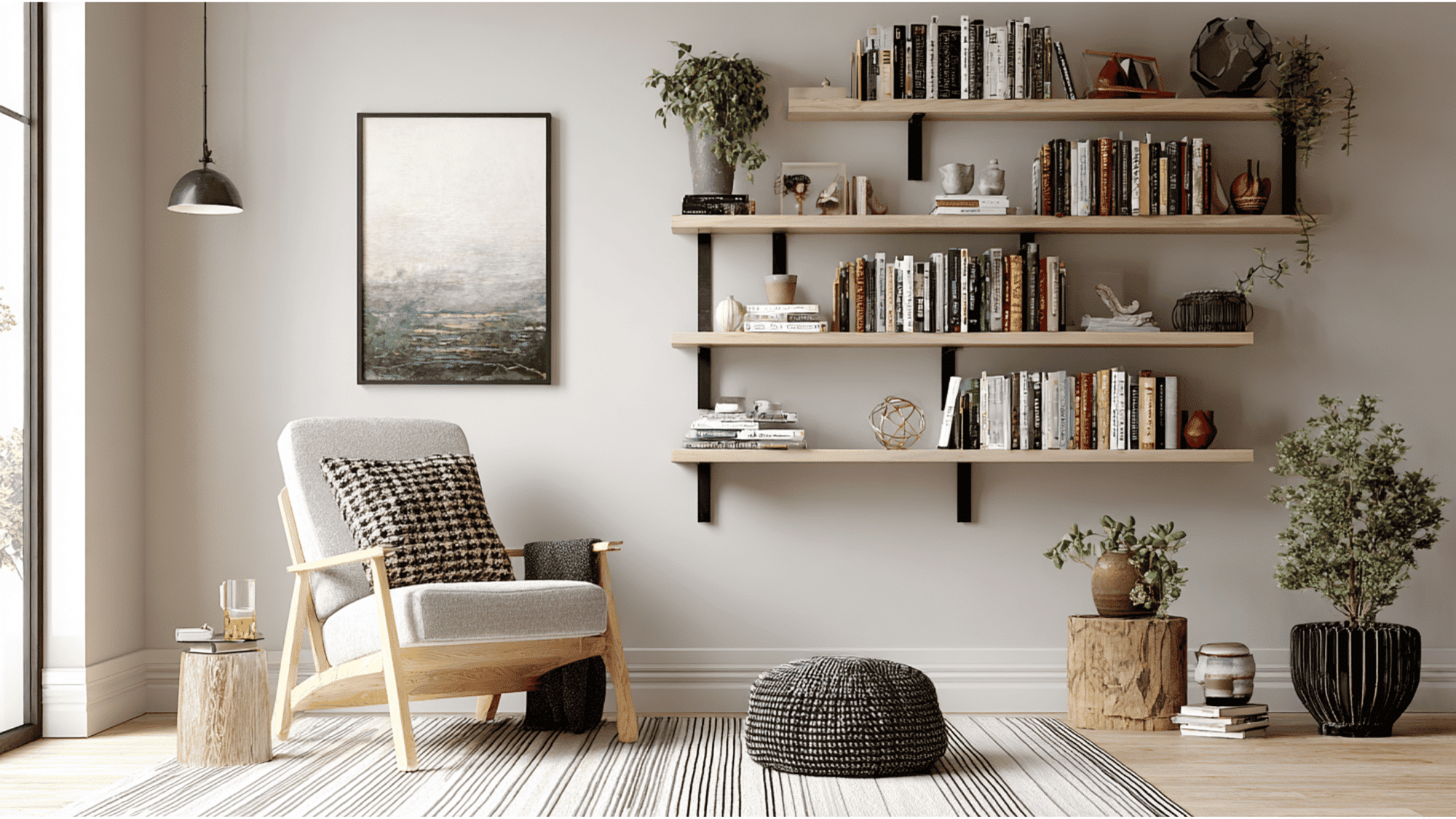 vertical storage shelves in a small living room to save space